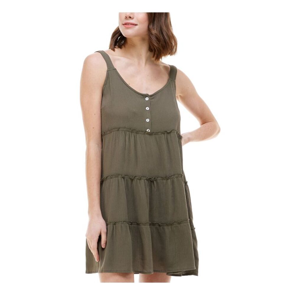 PLANET GOLD Womens Tiered Button Detail Sleeveless Scoop Neck Short Shift Dress